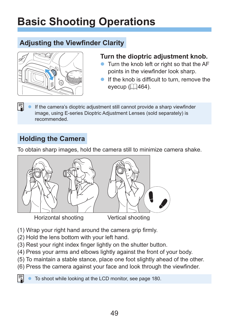 Dioptric adjustment, Basic shooting operations, Adjusting the viewfinder clarity | Holding the camera | Canon EOS Rebel SL3 DSLR Camera with 18-55mm Lens (Black) User Manual | Page 49 / 493