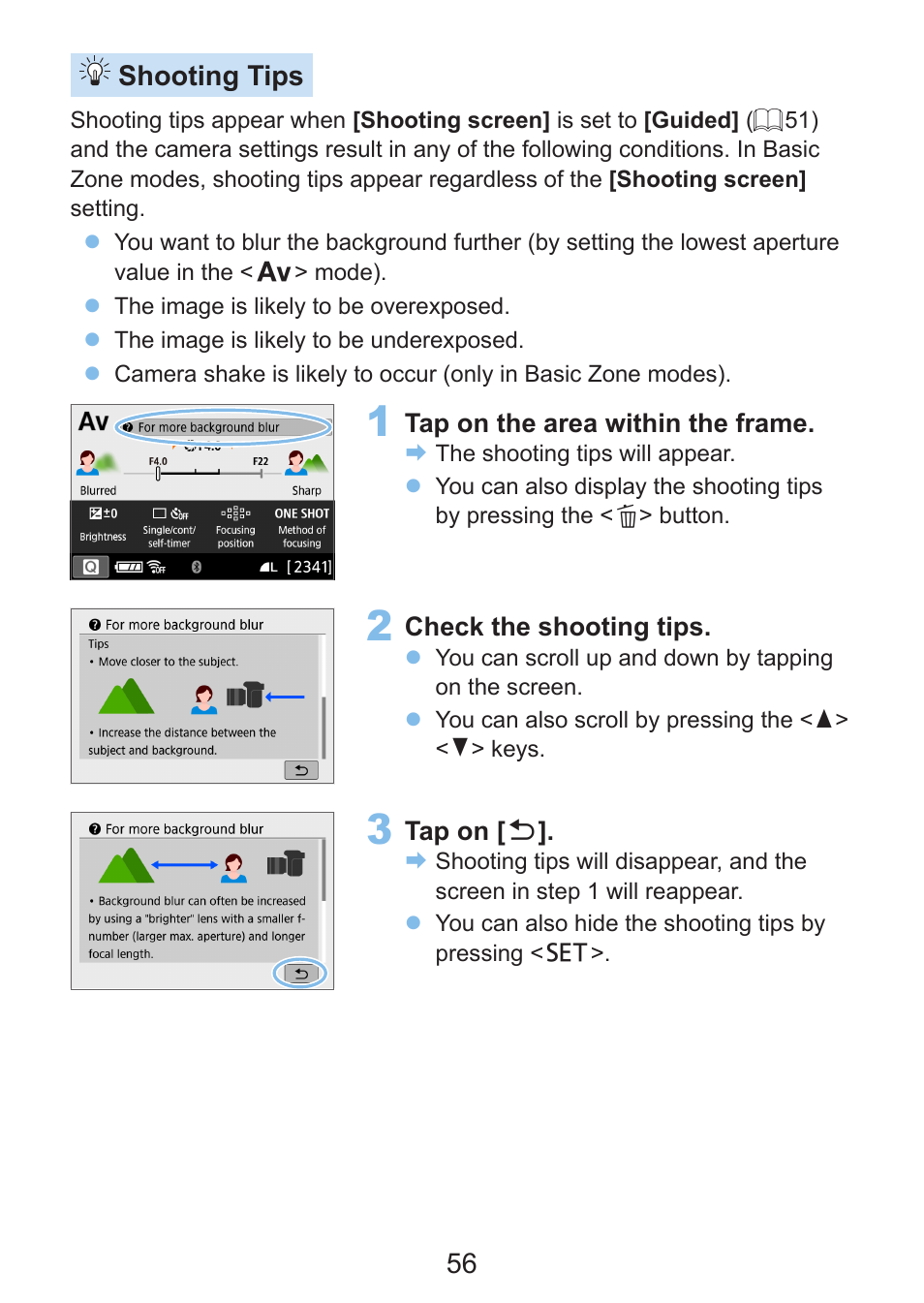 56 shooting tips | Canon EOS Rebel SL3 DSLR Camera with 18-55mm Lens (Black) User Manual | Page 56 / 493