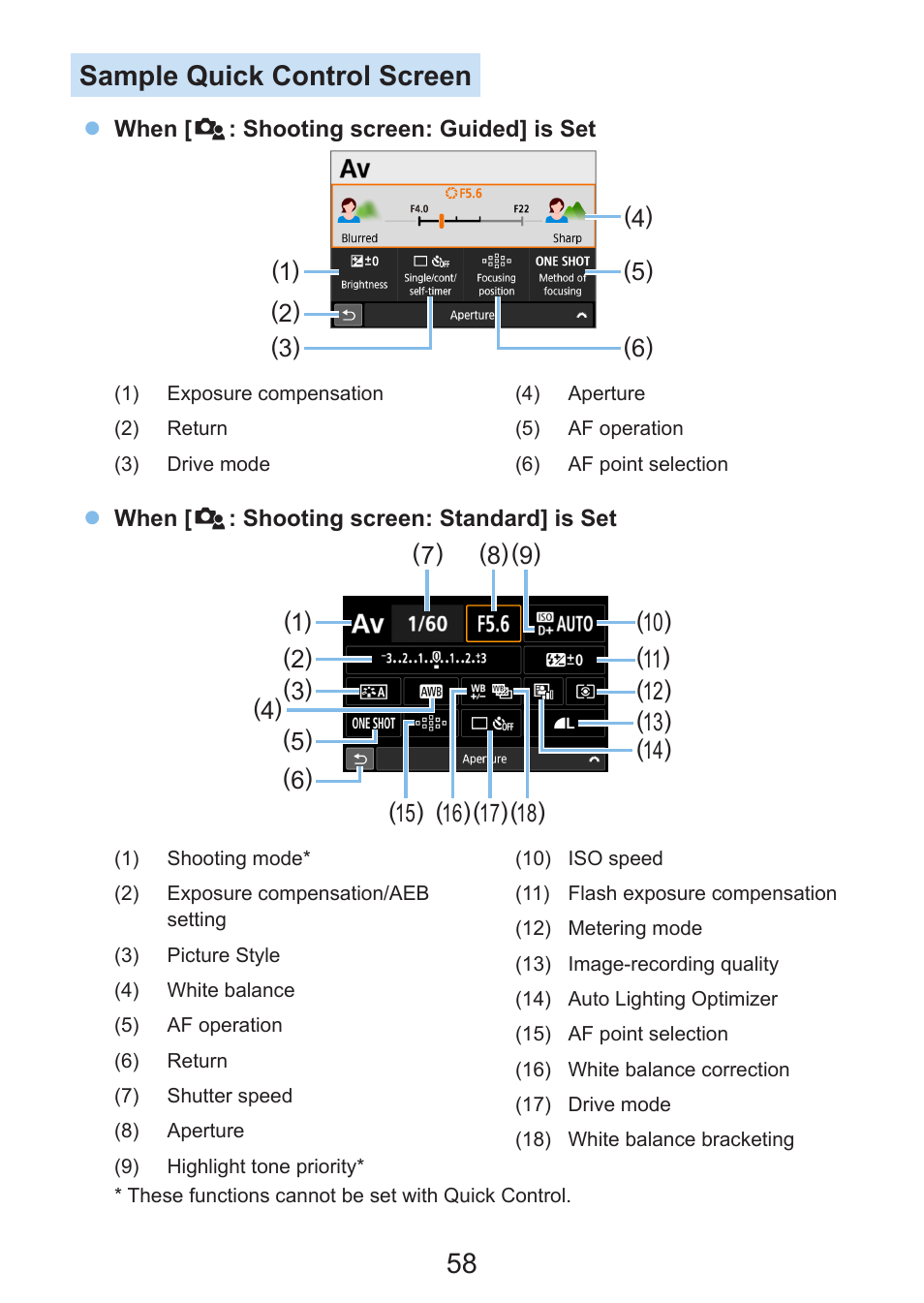 58 sample quick control screen | Canon EOS Rebel SL3 DSLR Camera with 18-55mm Lens (Black) User Manual | Page 58 / 493