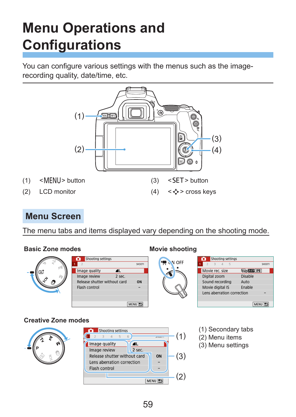 Menu operations and configurations, For the menu function setting procedures, see, Menu screen | Canon EOS Rebel SL3 DSLR Camera with 18-55mm Lens (Black) User Manual | Page 59 / 493