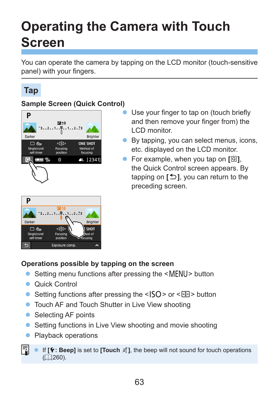 Operating the camera with touch screen, Operation | Canon EOS Rebel SL3 DSLR Camera with 18-55mm Lens (Black) User Manual | Page 63 / 493