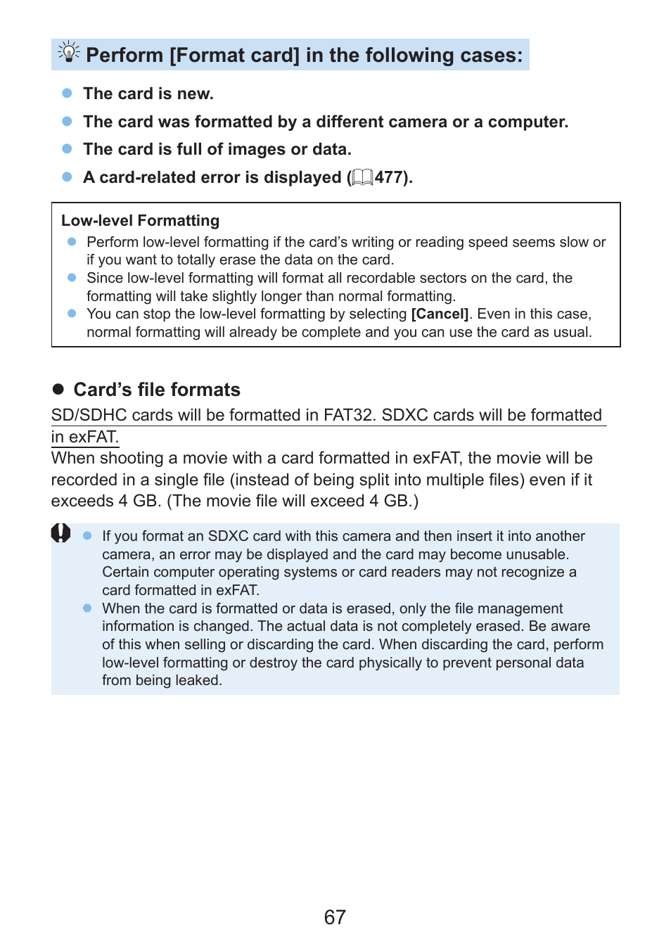 67 perform [format card] in the following cases, Z card’s file formats | Canon EOS Rebel SL3 DSLR Camera with 18-55mm Lens (Black) User Manual | Page 67 / 493
