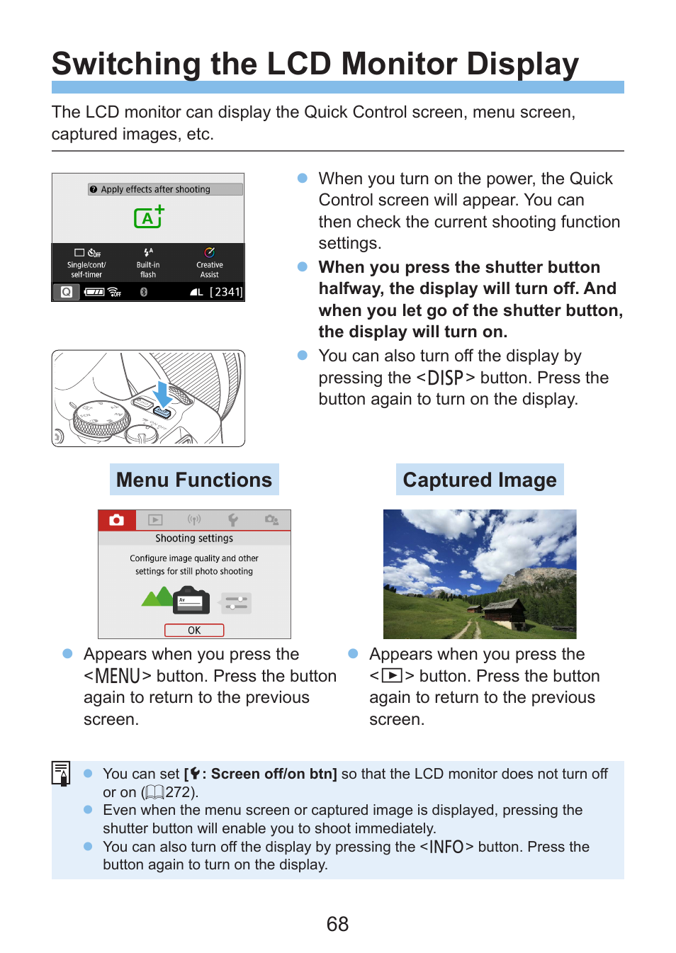 Switching the lcd monitor display, Menu functions captured image | Canon EOS Rebel SL3 DSLR Camera with 18-55mm Lens (Black) User Manual | Page 68 / 493