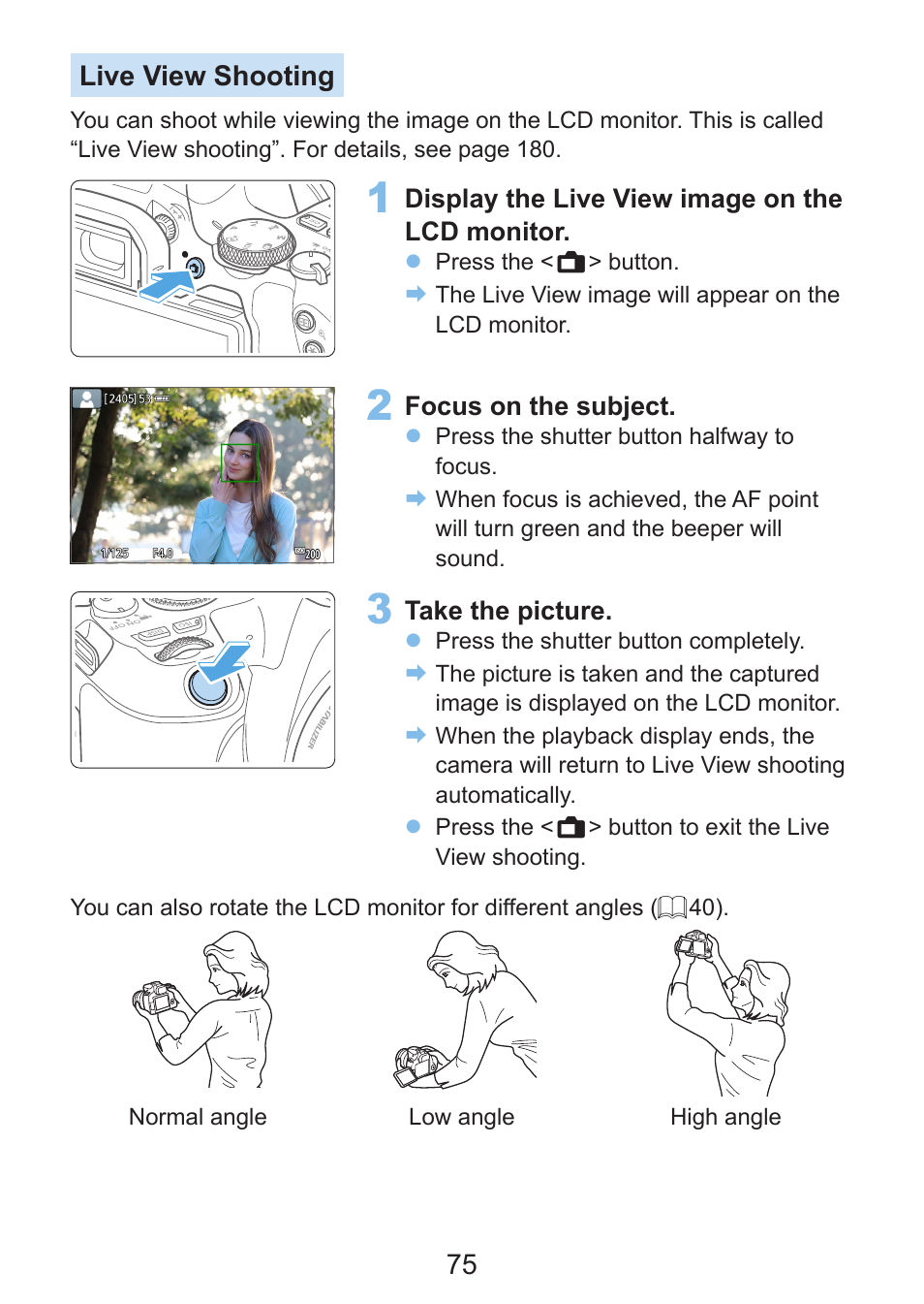 75 live view shooting | Canon EOS Rebel SL3 DSLR Camera with 18-55mm Lens (Black) User Manual | Page 75 / 493