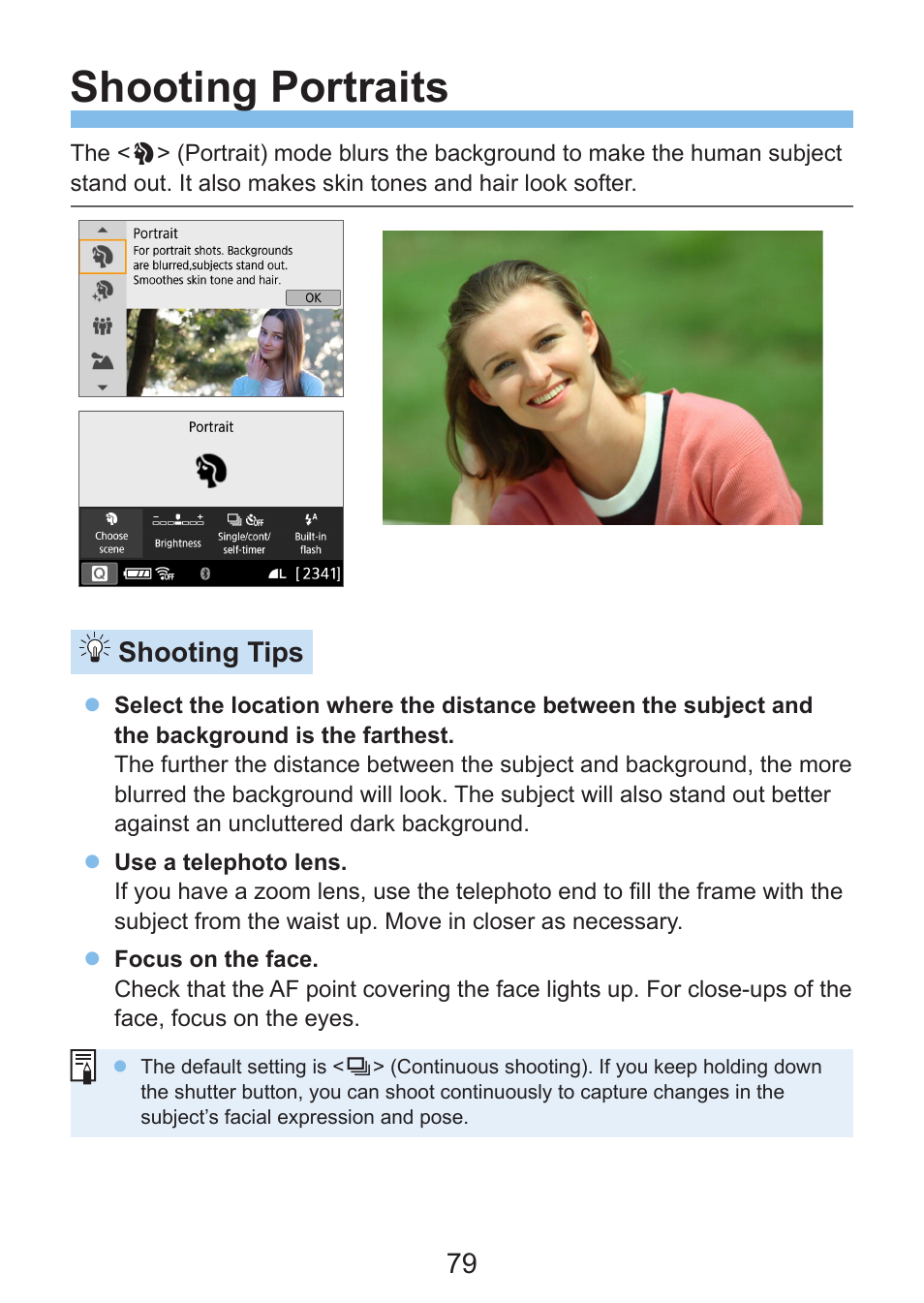 Shooting portraits, Portrait, Shooting tips | Canon EOS Rebel SL3 DSLR Camera with 18-55mm Lens (Black) User Manual | Page 79 / 493