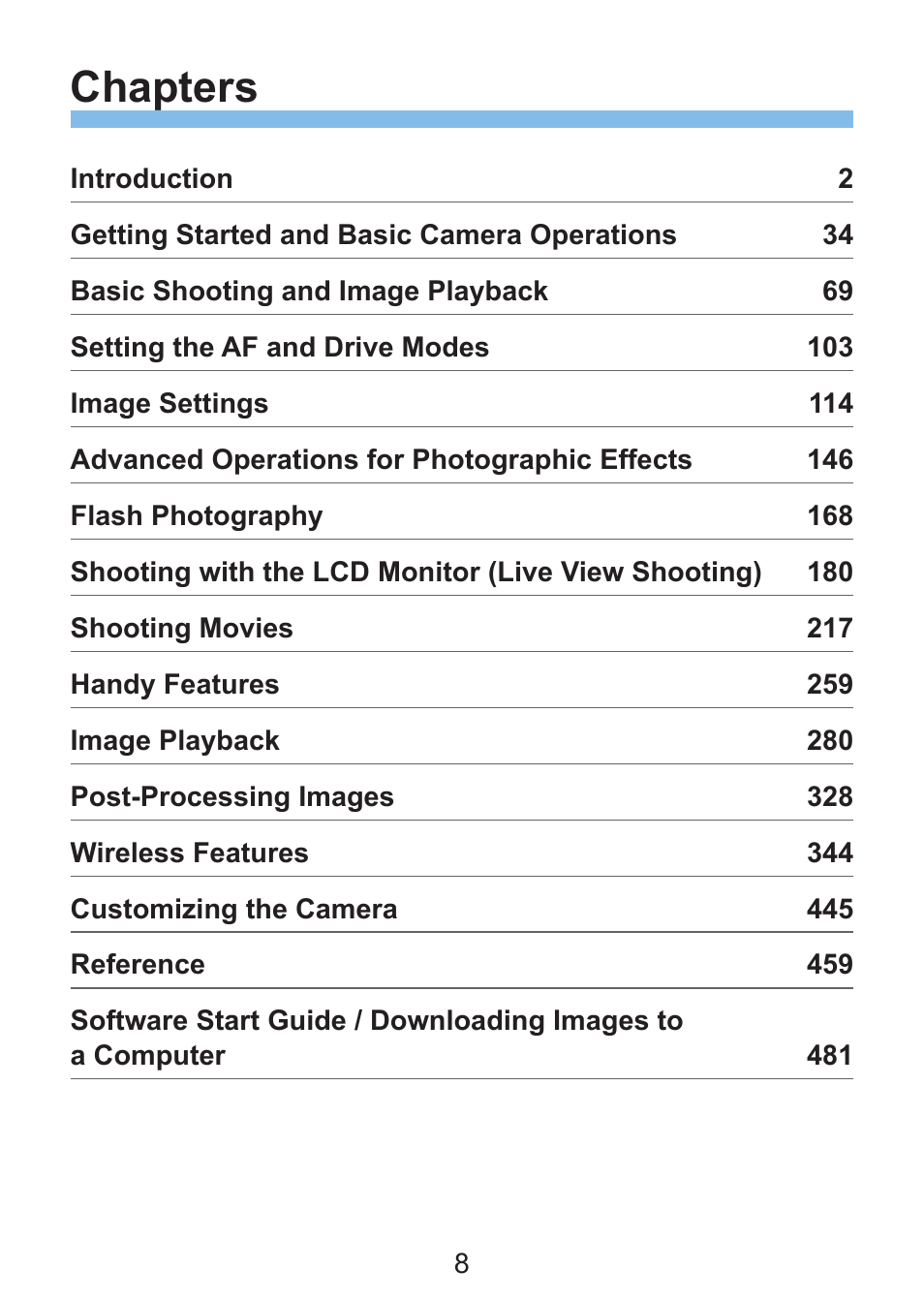 Chapters | Canon EOS Rebel SL3 DSLR Camera with 18-55mm Lens (Black) User Manual | Page 8 / 493