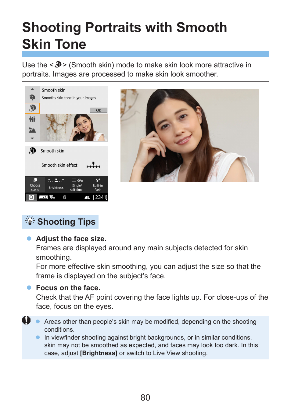 Shooting portraits with smooth skin tone, Shooting tips | Canon EOS Rebel SL3 DSLR Camera with 18-55mm Lens (Black) User Manual | Page 80 / 493