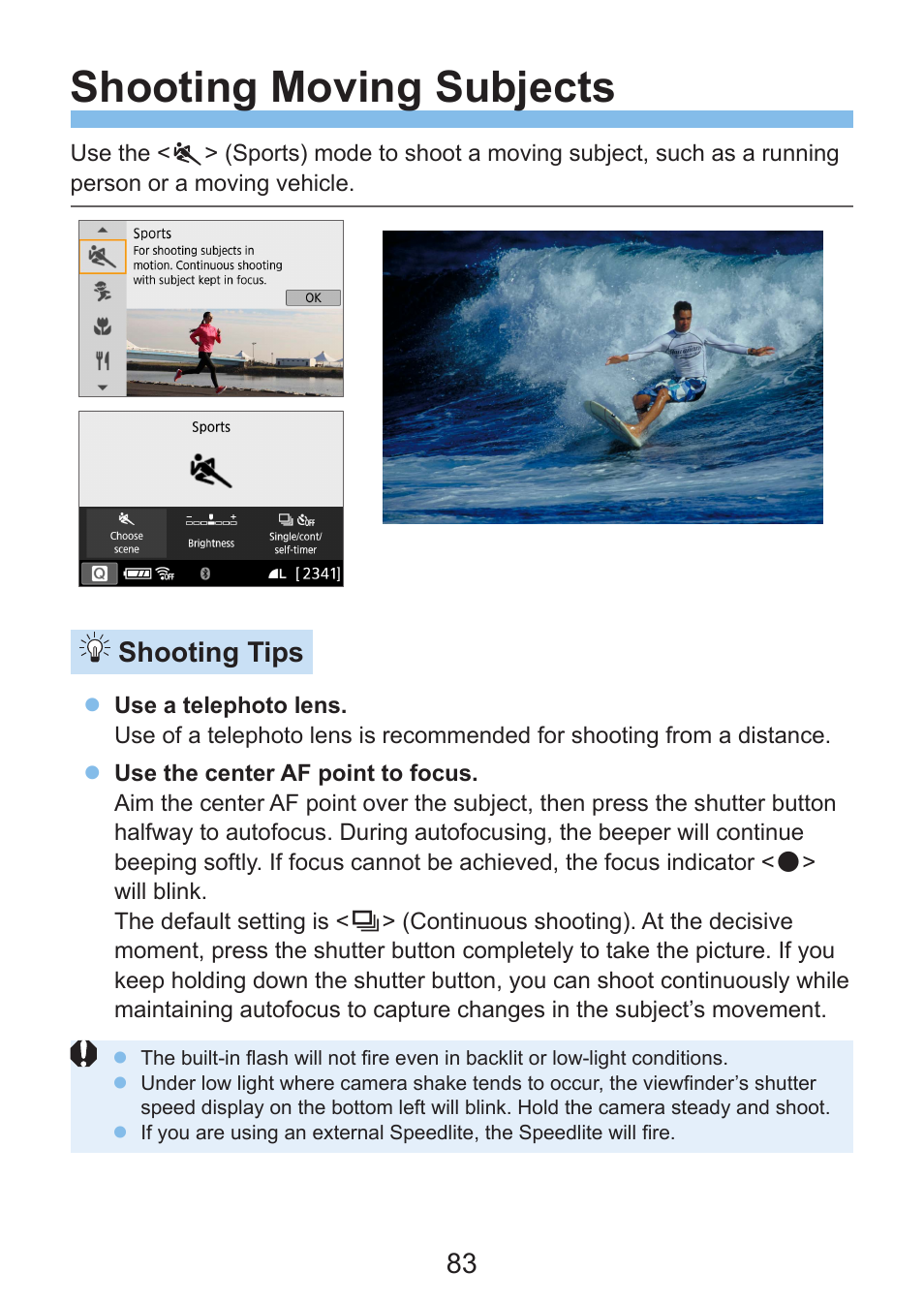 Shooting moving subjects, Shooting tips | Canon EOS Rebel SL3 DSLR Camera with 18-55mm Lens (Black) User Manual | Page 83 / 493