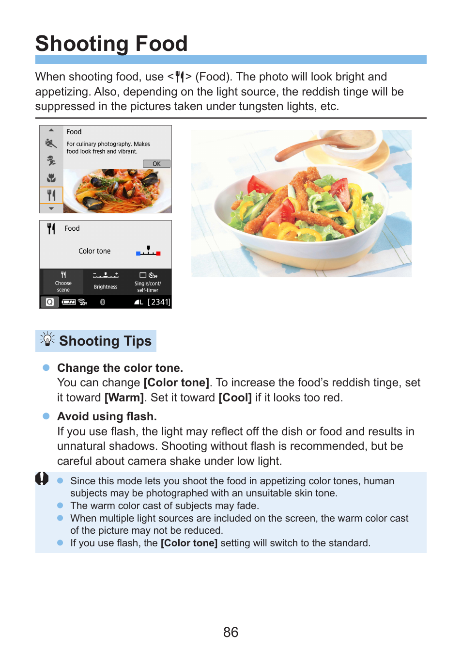 Shooting food, Shooting tips | Canon EOS Rebel SL3 DSLR Camera with 18-55mm Lens (Black) User Manual | Page 86 / 493