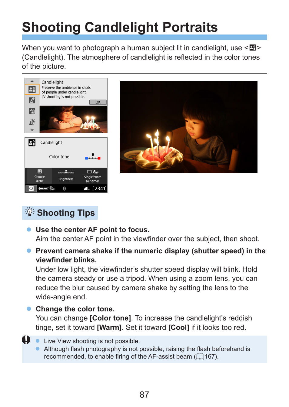 Shooting candlelight portraits, Candlelight, Shooting tips | Canon EOS Rebel SL3 DSLR Camera with 18-55mm Lens (Black) User Manual | Page 87 / 493