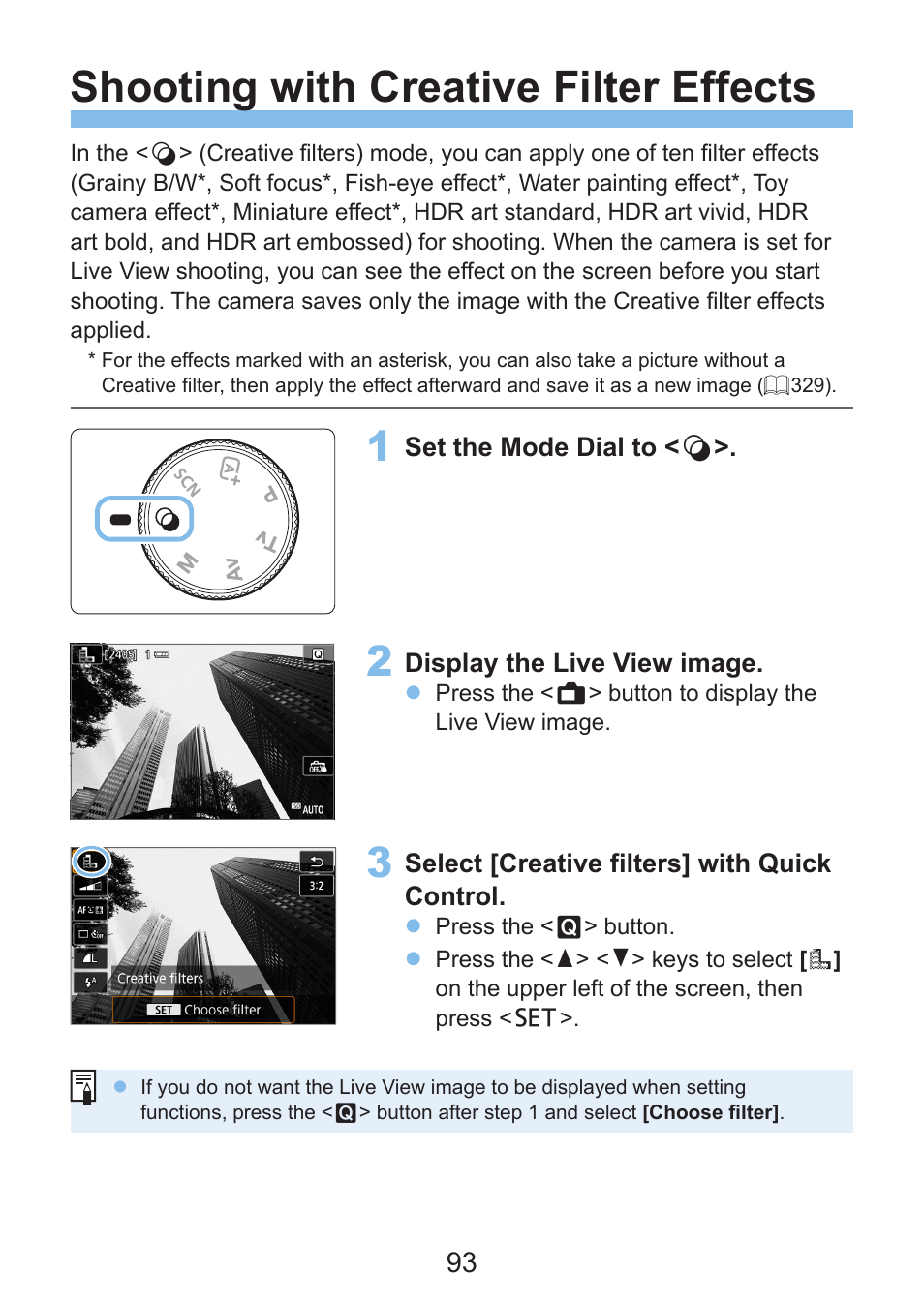 Shooting with creative filter effects, Creative filters | Canon EOS Rebel SL3 DSLR Camera with 18-55mm Lens (Black) User Manual | Page 93 / 493