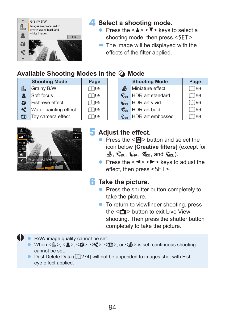 Select a shooting mode, Available shooting modes in the v mode, Adjust the effect | Take the picture | Canon EOS Rebel SL3 DSLR Camera with 18-55mm Lens (Black) User Manual | Page 94 / 493