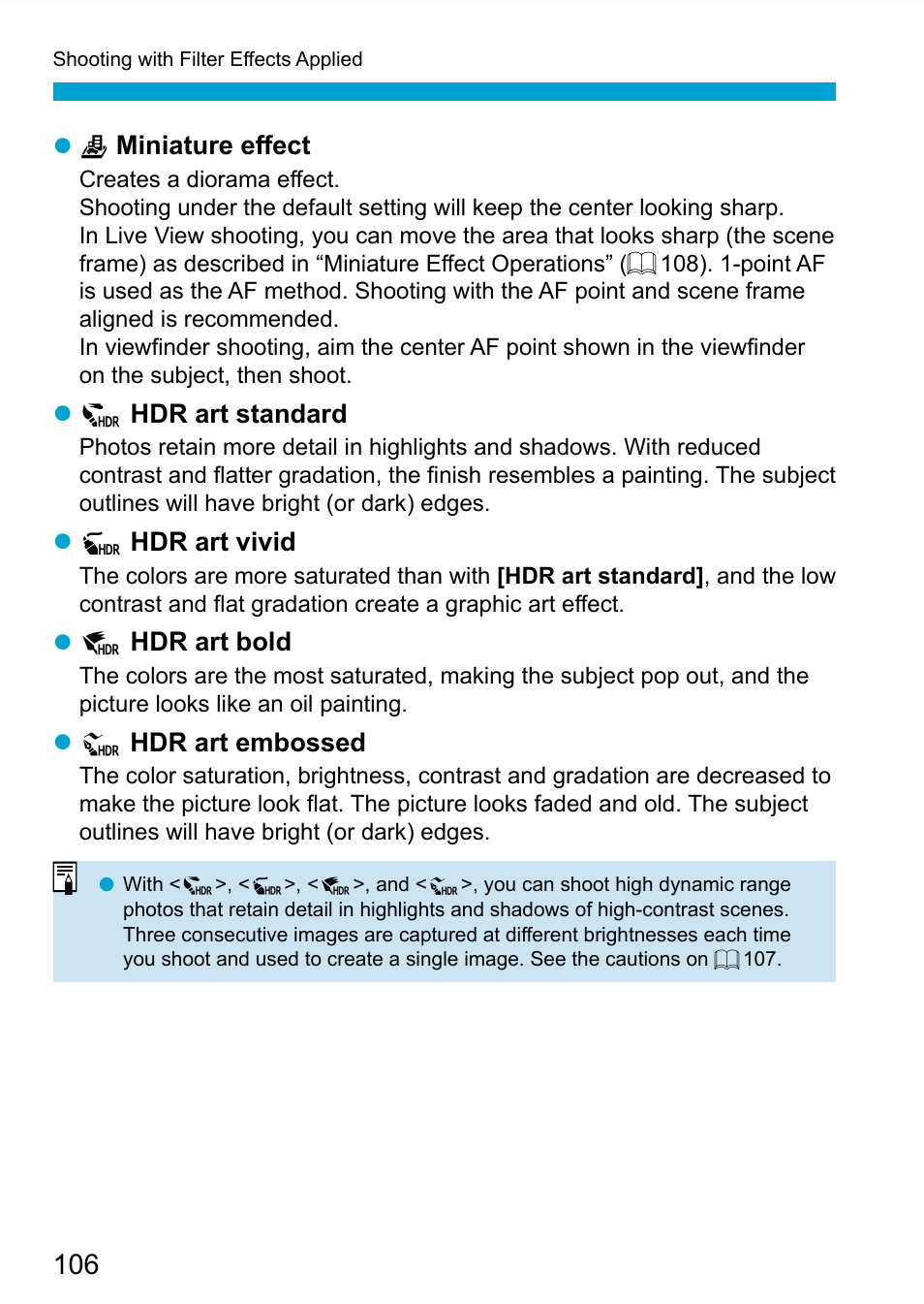 Hdr art standard, Hdr art vivid, Hdr art embossed | 106), then press | Canon EOS 90D DSLR Camera with 18-135mm Lens User Manual | Page 106 / 646