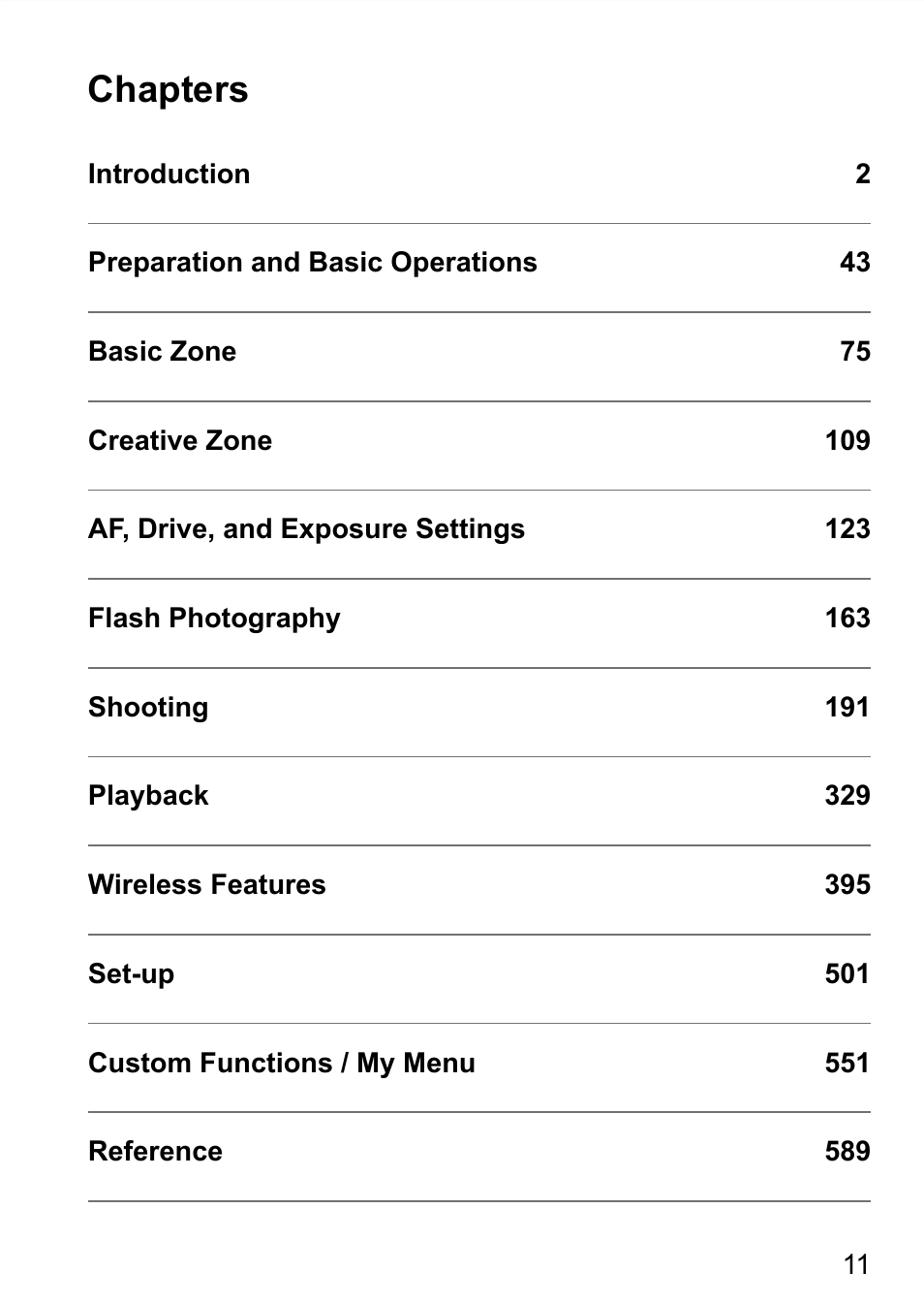 Chapters | Canon EOS 90D DSLR Camera with 18-135mm Lens User Manual | Page 11 / 646