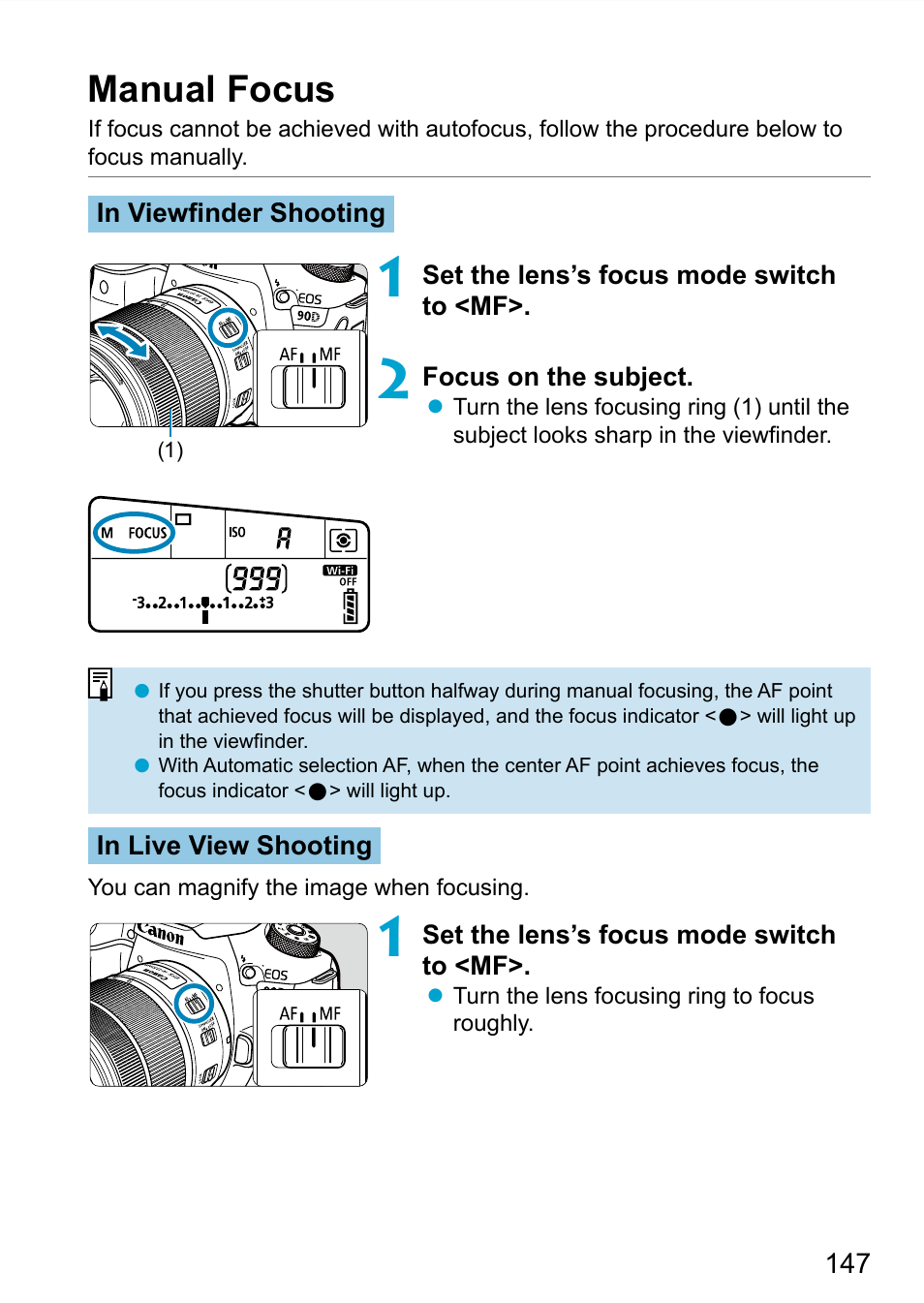 Manual focus | Canon EOS 90D DSLR Camera with 18-135mm Lens User Manual | Page 147 / 646