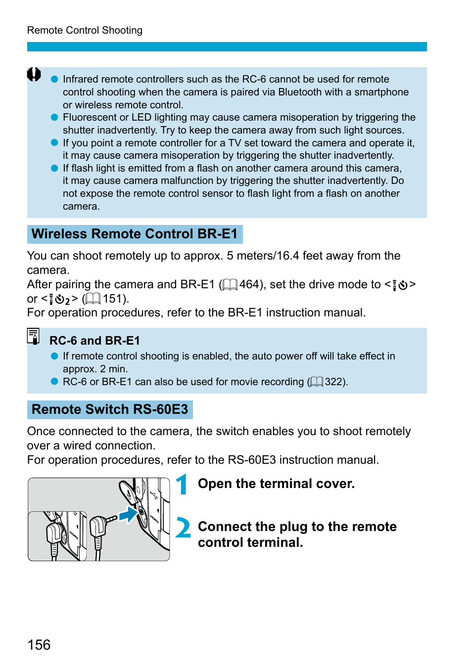 Remote switch, 156) or a wireless remote, 156) for bulb | Wireless remote control br-e1, Remote switch rs-60e3, Open the terminal cover, Connect the plug to the remote control terminal | Canon EOS 90D DSLR Camera with 18-135mm Lens User Manual | Page 156 / 646