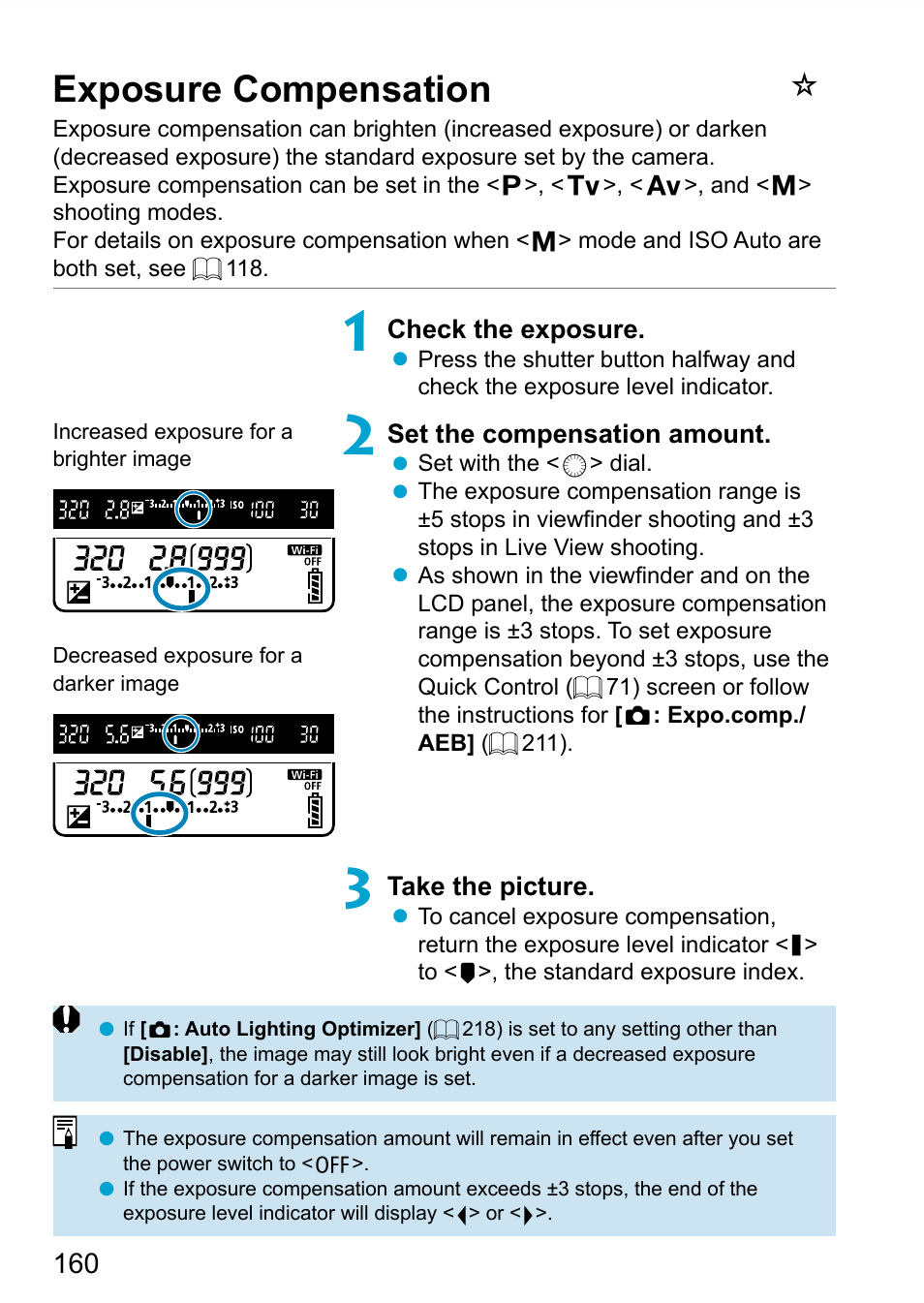 Exposure compensation, Can set exposure compensation, 160) as follows | Canon EOS 90D DSLR Camera with 18-135mm Lens User Manual | Page 160 / 646