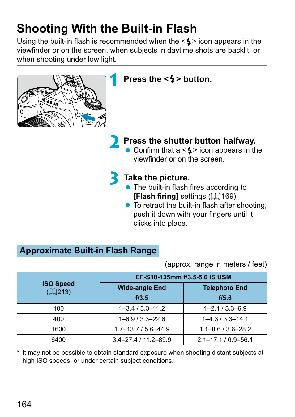 Shooting with the built-in flash | Canon EOS 90D DSLR Camera with 18-135mm Lens User Manual | Page 164 / 646