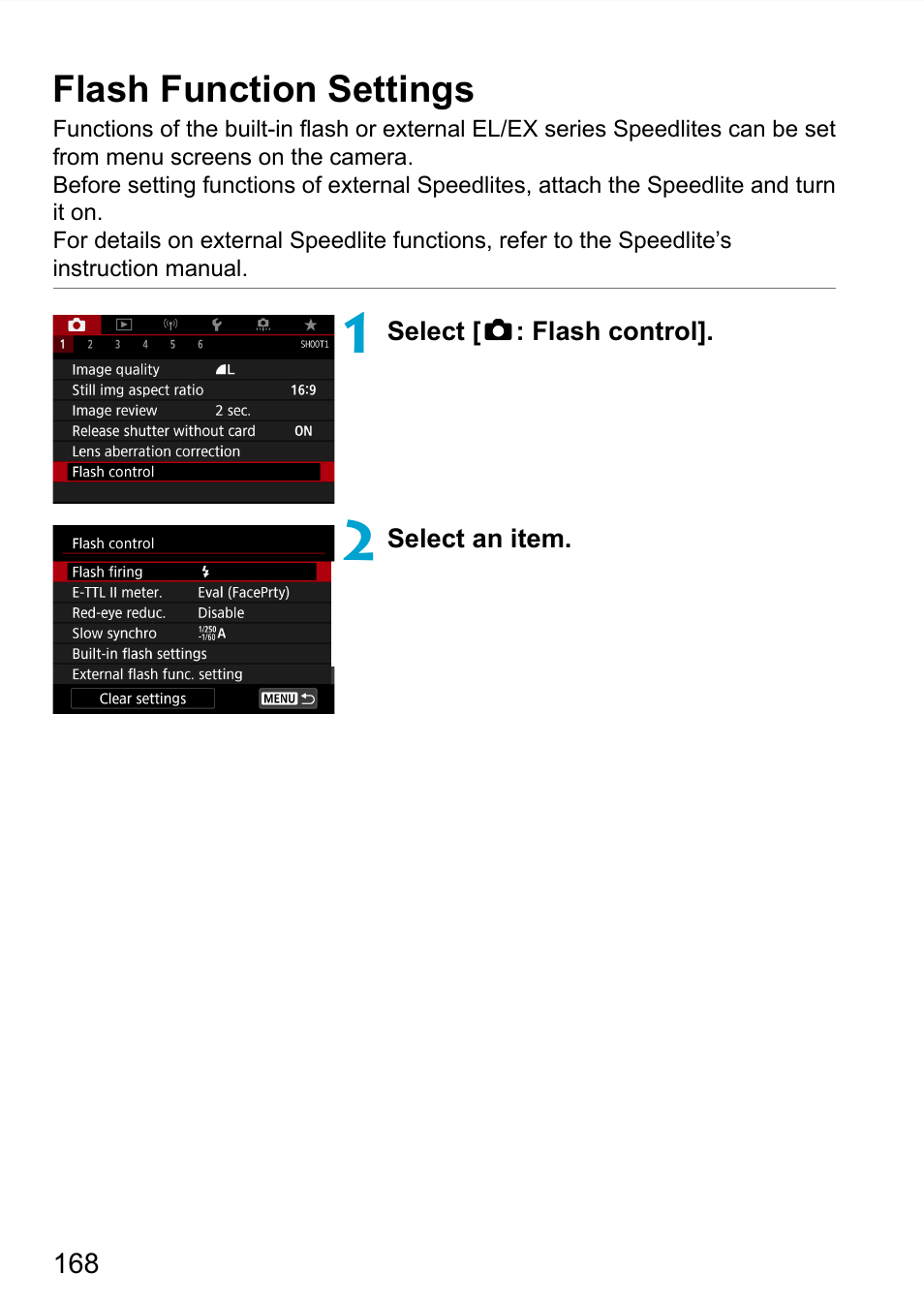 Flash function settings | Canon EOS 90D DSLR Camera with 18-135mm Lens User Manual | Page 168 / 646