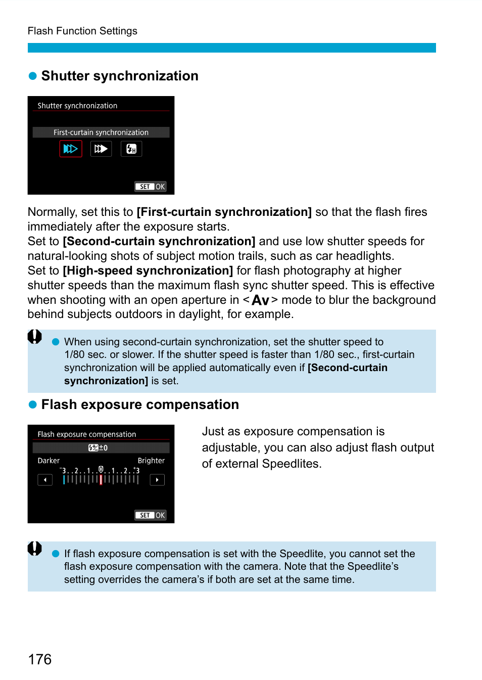 Shutter synchronization, Flash exposure compensation | Canon EOS 90D DSLR Camera with 18-135mm Lens User Manual | Page 176 / 646