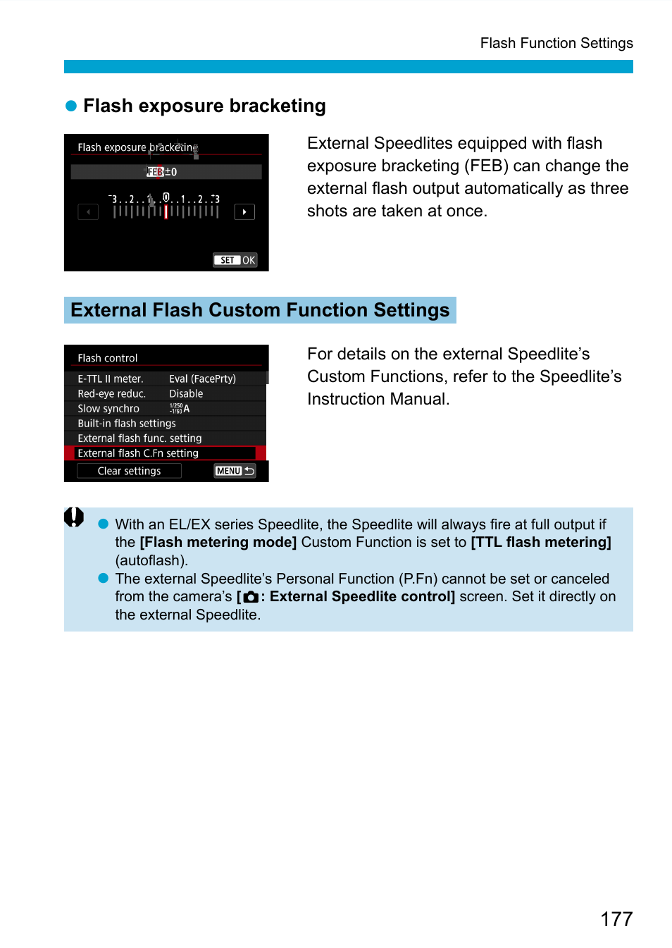Flash exposure bracketing, External flash custom function settings | Canon EOS 90D DSLR Camera with 18-135mm Lens User Manual | Page 177 / 646