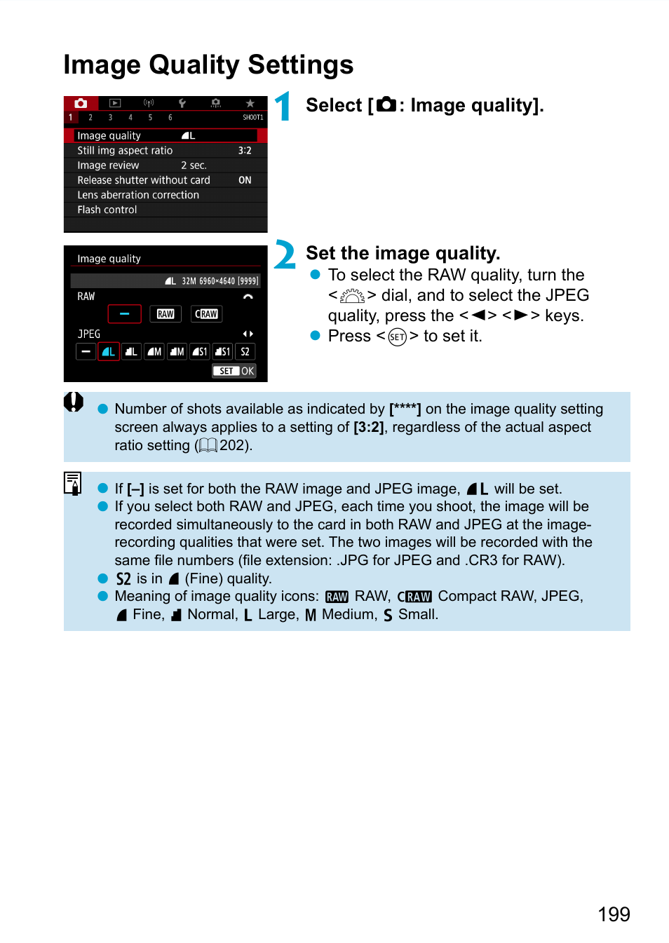 Image quality settings, Image quality, Select [ z : image quality | Set the image quality | Canon EOS 90D DSLR Camera with 18-135mm Lens User Manual | Page 199 / 646