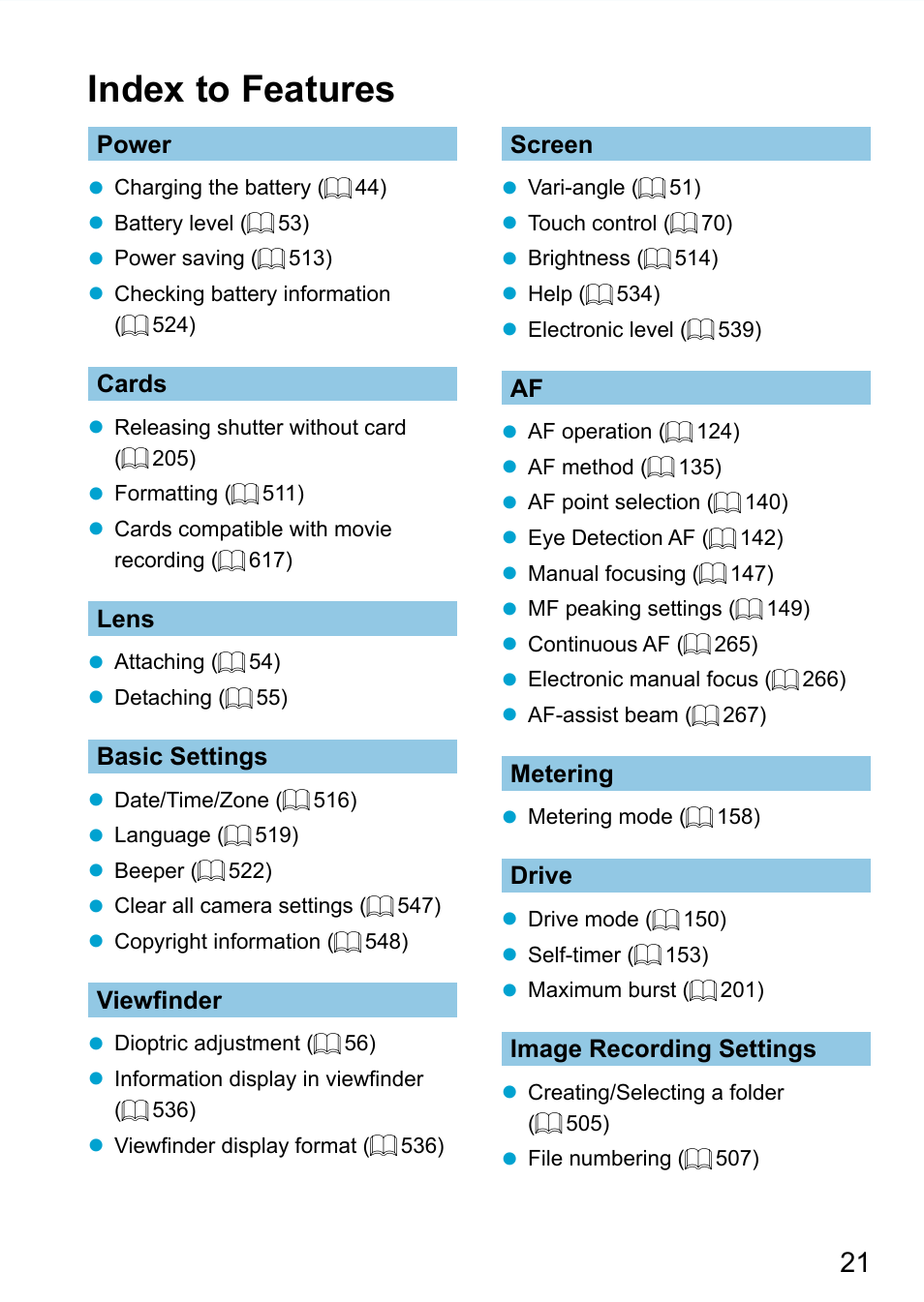 Index to features | Canon EOS 90D DSLR Camera with 18-135mm Lens User Manual | Page 21 / 646