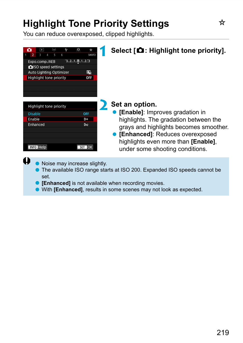 Highlight tone priority settings | Canon EOS 90D DSLR Camera with 18-135mm Lens User Manual | Page 219 / 646