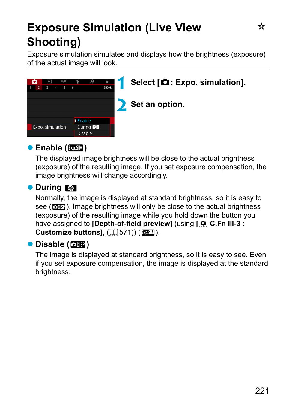 Exposure simulation (live view shooting), Exposure simulation | Canon EOS 90D DSLR Camera with 18-135mm Lens User Manual | Page 221 / 646