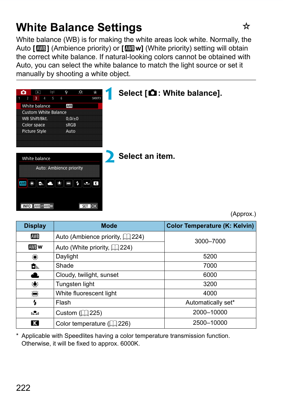 White balance settings, White balance | Canon EOS 90D DSLR Camera with 18-135mm Lens User Manual | Page 222 / 646