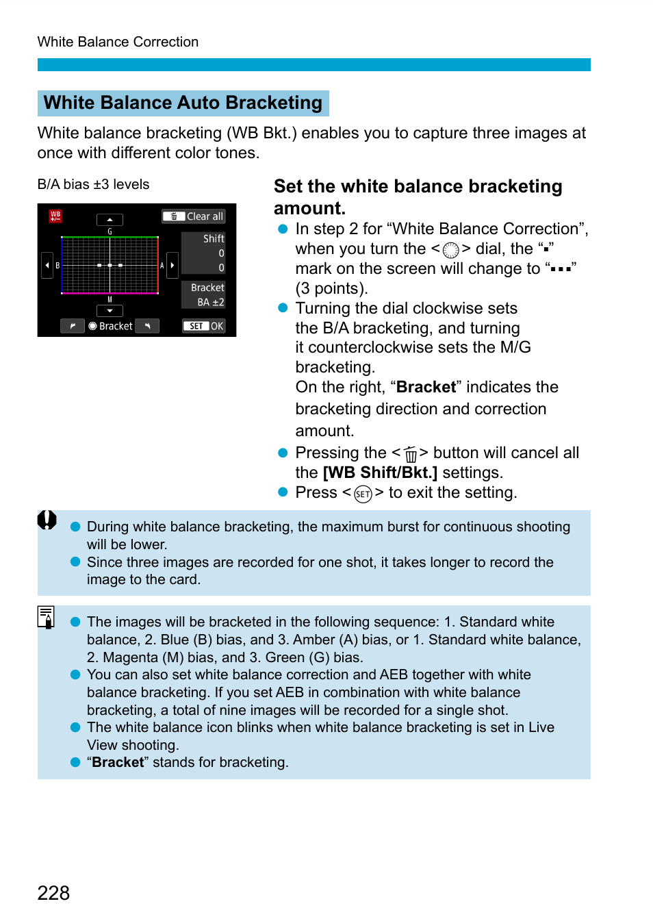 White balance auto bracketing, Set the white balance bracketing amount | Canon EOS 90D DSLR Camera with 18-135mm Lens User Manual | Page 228 / 646