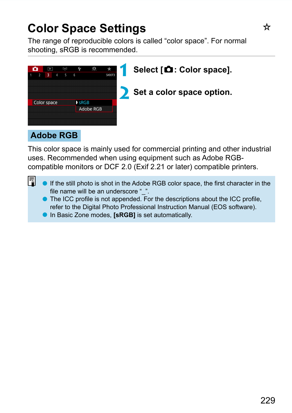 Color space settings | Canon EOS 90D DSLR Camera with 18-135mm Lens User Manual | Page 229 / 646