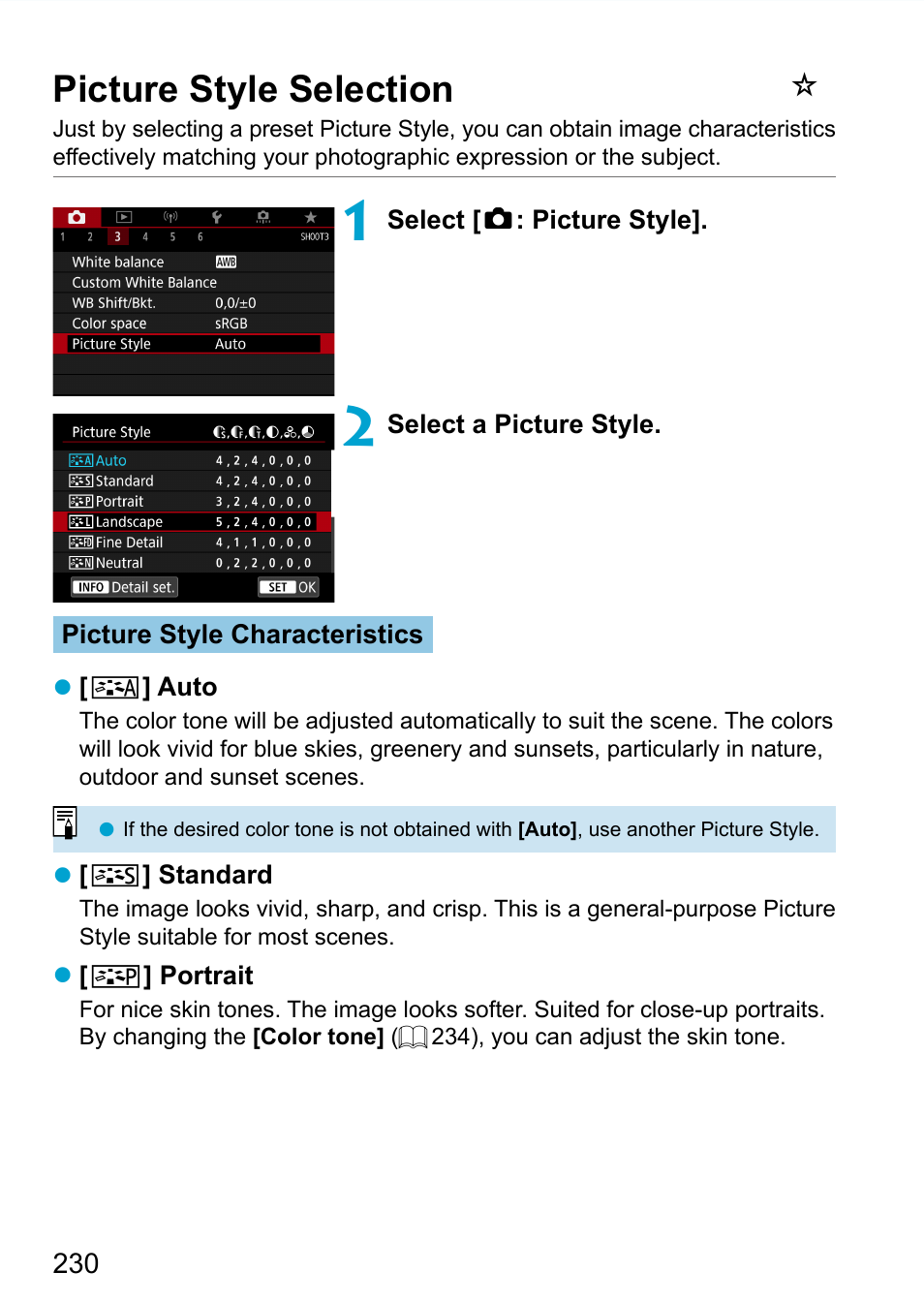 Picture style selection, Picture style | Canon EOS 90D DSLR Camera with 18-135mm Lens User Manual | Page 230 / 646