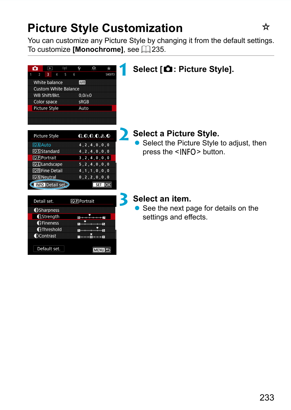 Picture style customization | Canon EOS 90D DSLR Camera with 18-135mm Lens User Manual | Page 233 / 646