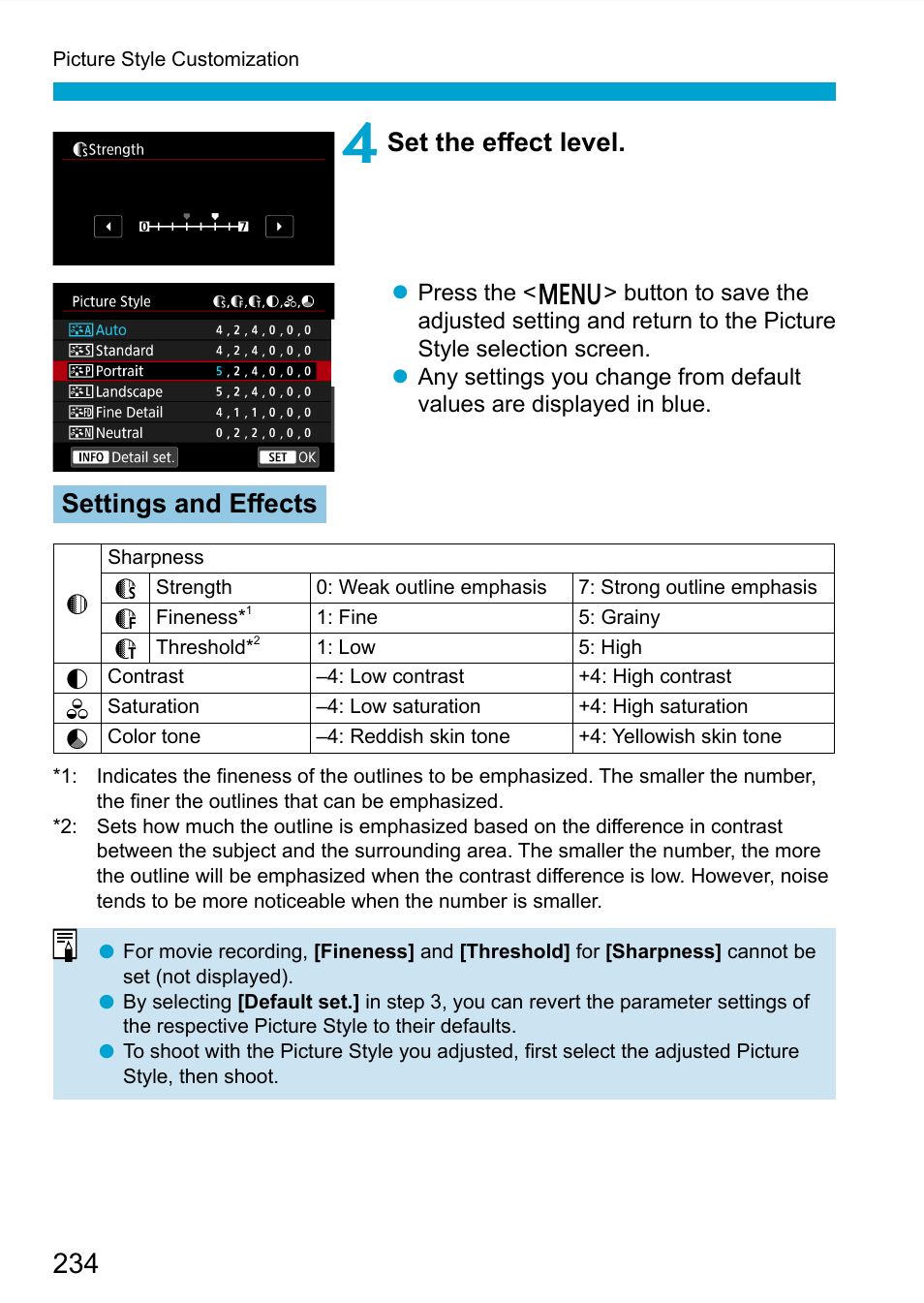 Set the eﬀ ect level, Settings and eﬀ ects | Canon EOS 90D DSLR Camera with 18-135mm Lens User Manual | Page 234 / 646