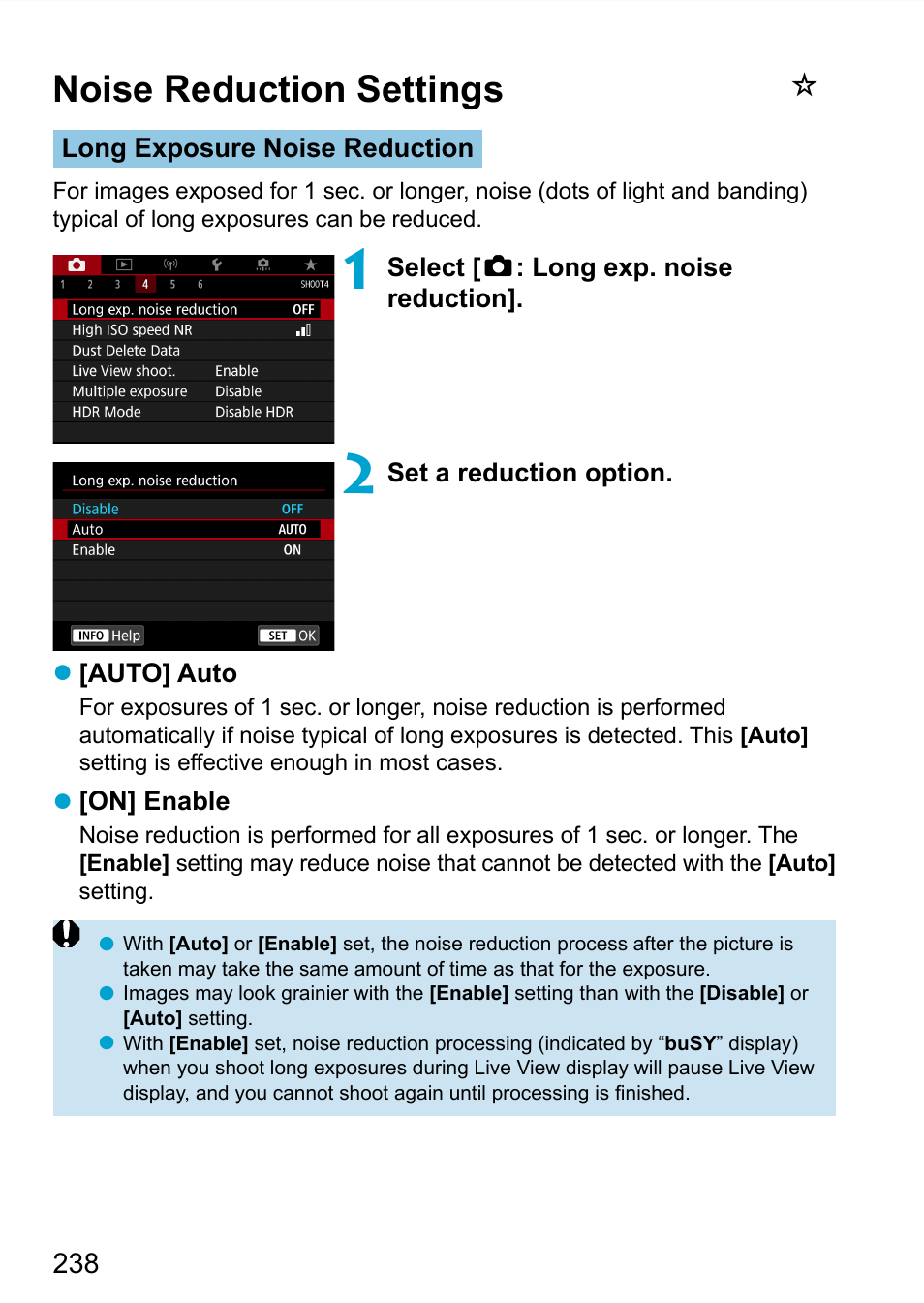 Noise reduction settings | Canon EOS 90D DSLR Camera with 18-135mm Lens User Manual | Page 238 / 646