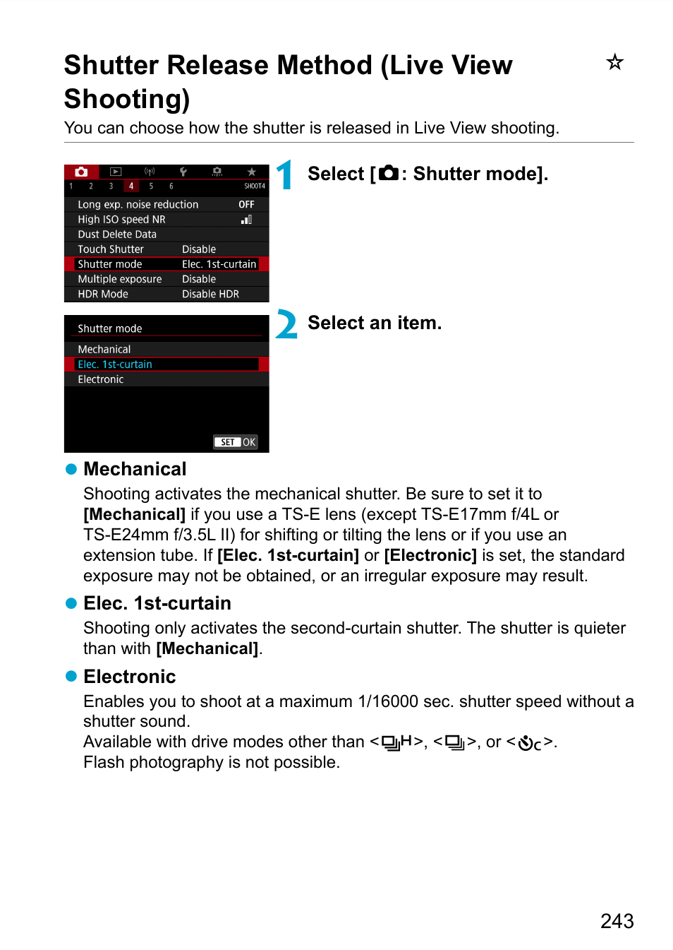 Shutter release method (live view shooting) | Canon EOS 90D DSLR Camera with 18-135mm Lens User Manual | Page 243 / 646