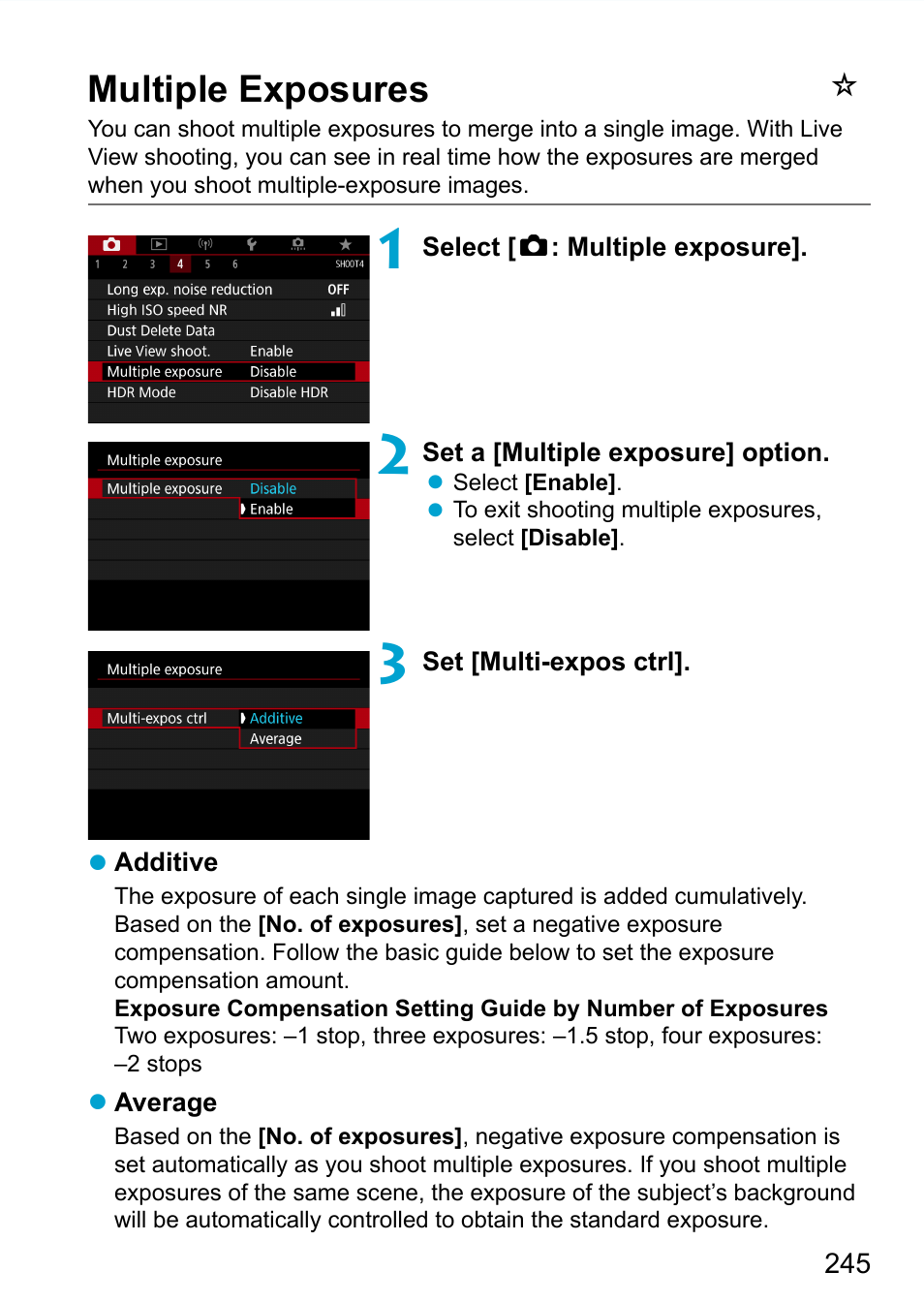 Multiple exposures | Canon EOS 90D DSLR Camera with 18-135mm Lens User Manual | Page 245 / 646