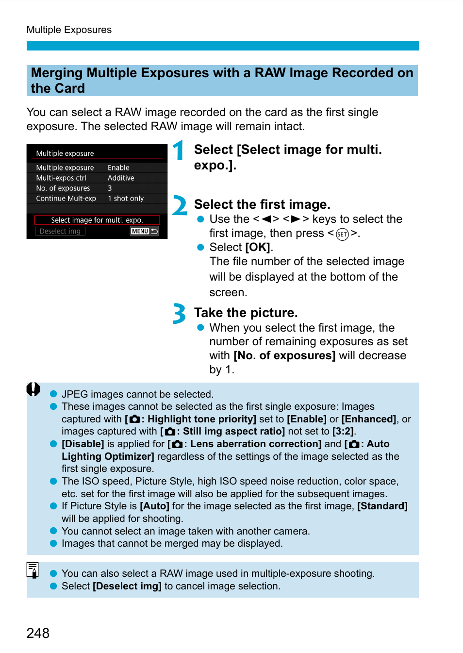 Select [select image for multi. expo, Select the ﬁ rst image, Take the picture | Canon EOS 90D DSLR Camera with 18-135mm Lens User Manual | Page 248 / 646