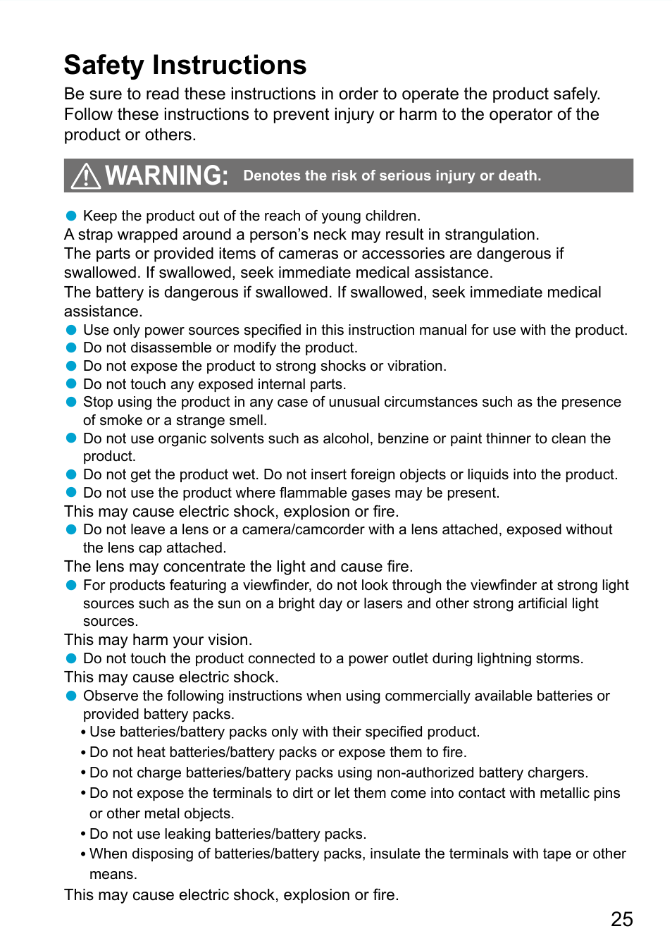 Safety instructions, Warning | Canon EOS 90D DSLR Camera with 18-135mm Lens User Manual | Page 25 / 646