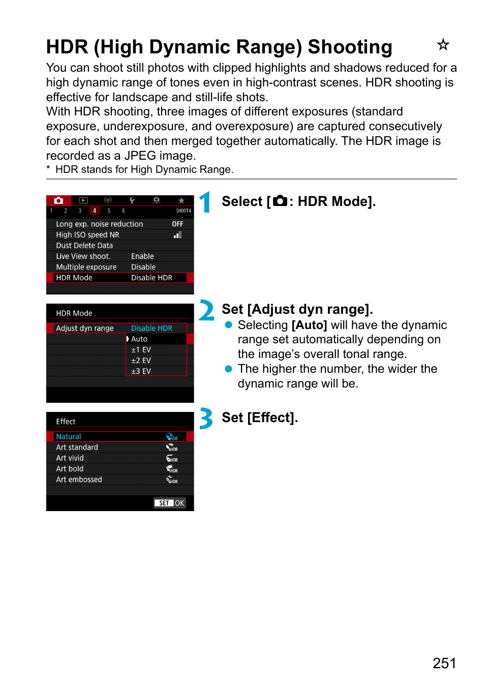 Hdr (high dynamic range) shooting | Canon EOS 90D DSLR Camera with 18-135mm Lens User Manual | Page 251 / 646