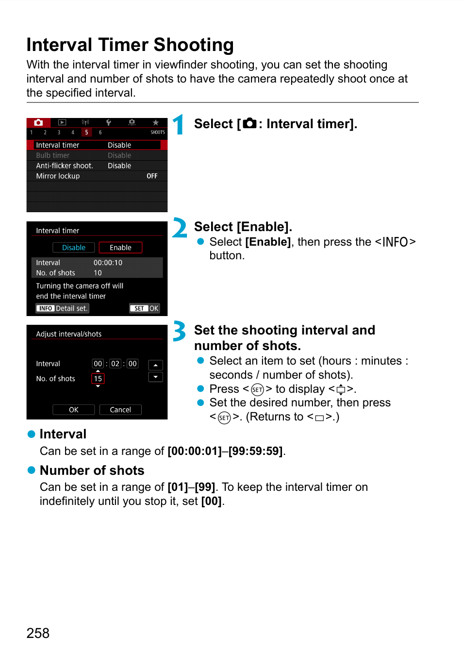 Interval timer shooting, Interval timer | Canon EOS 90D DSLR Camera with 18-135mm Lens User Manual | Page 258 / 646