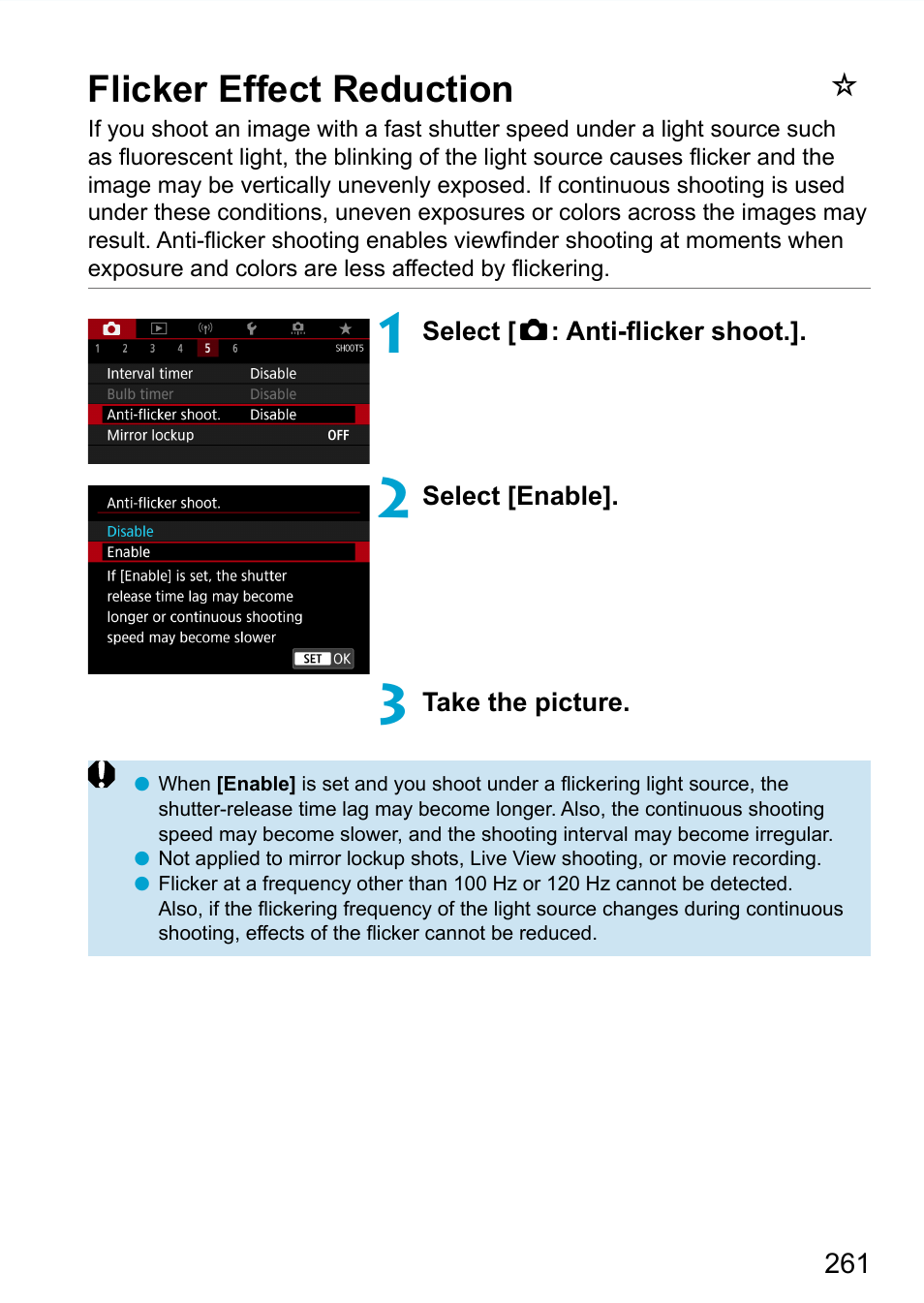 Flicker effect reduction, Flicker eﬀ ect reduction, 261), shooting under | Canon EOS 90D DSLR Camera with 18-135mm Lens User Manual | Page 261 / 646