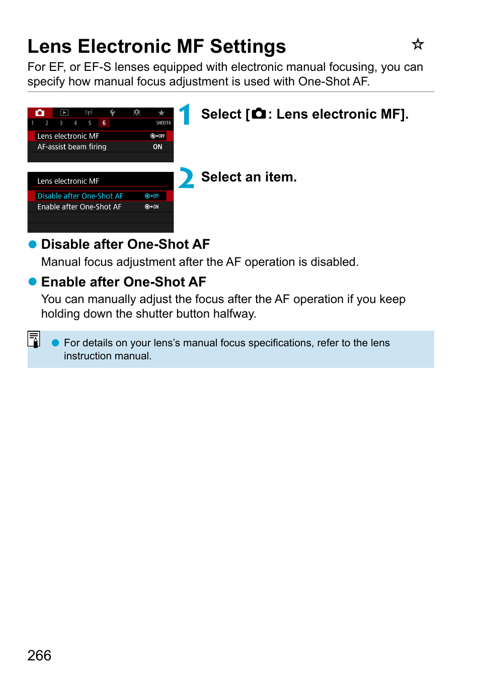 Lens electronic mf settings | Canon EOS 90D DSLR Camera with 18-135mm Lens User Manual | Page 266 / 646