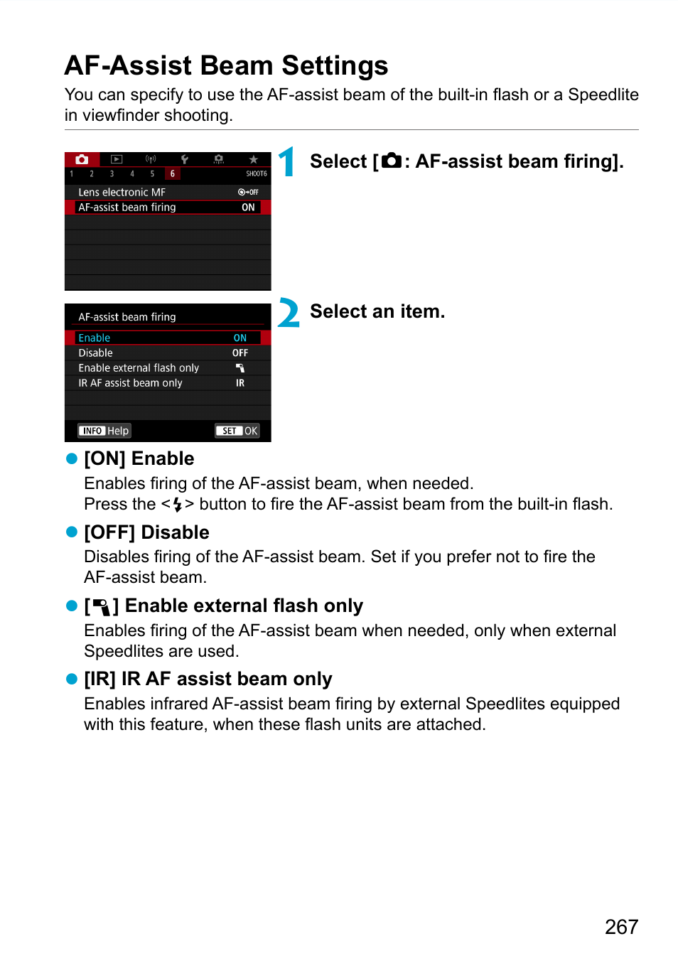 Af-assist beam settings | Canon EOS 90D DSLR Camera with 18-135mm Lens User Manual | Page 267 / 646