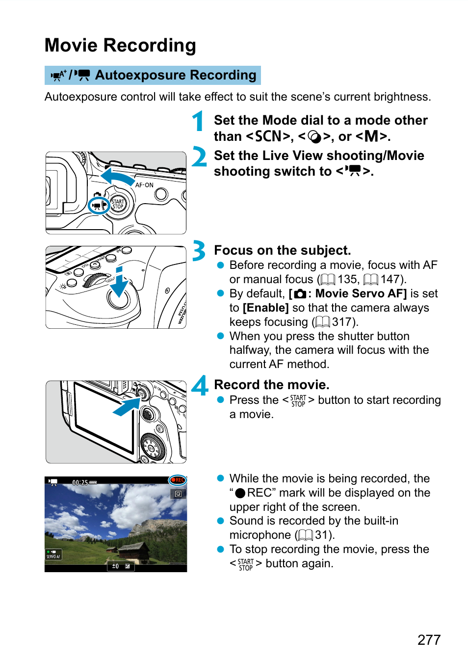 Movie recording, Autoexposure recording | Canon EOS 90D DSLR Camera with 18-135mm Lens User Manual | Page 277 / 646