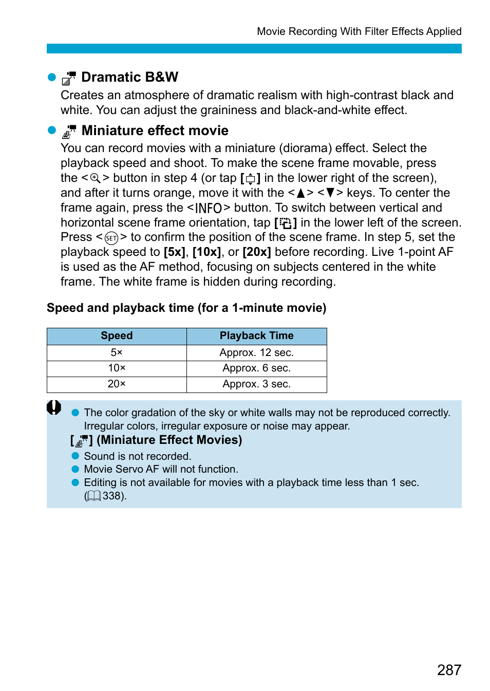 287), then press, N dramatic b&w, O miniature eﬀ ect movie | Canon EOS 90D DSLR Camera with 18-135mm Lens User Manual | Page 287 / 646