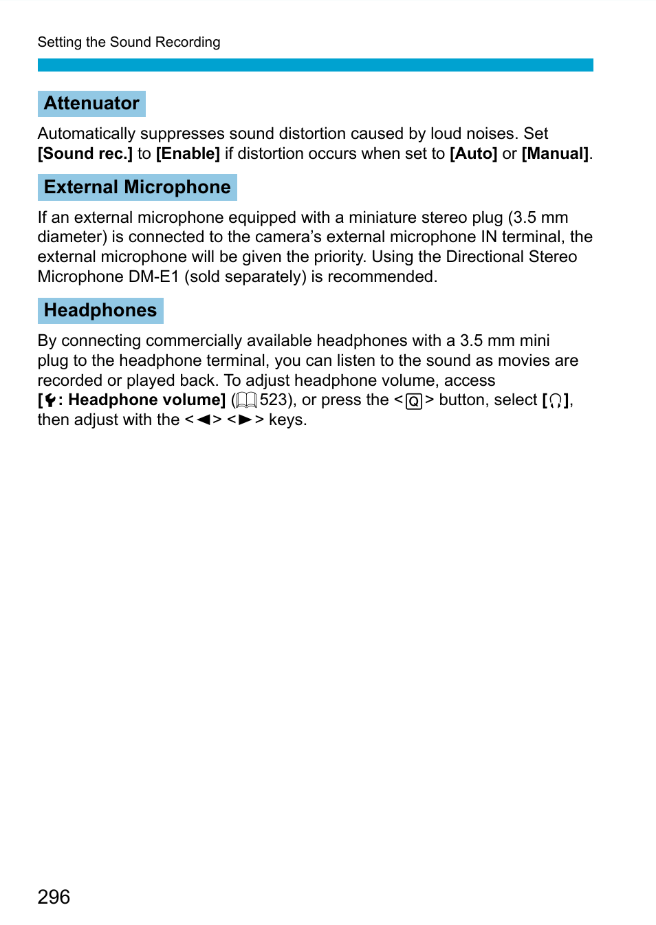 Microphone, Attenuator | Canon EOS 90D DSLR Camera with 18-135mm Lens User Manual | Page 296 / 646