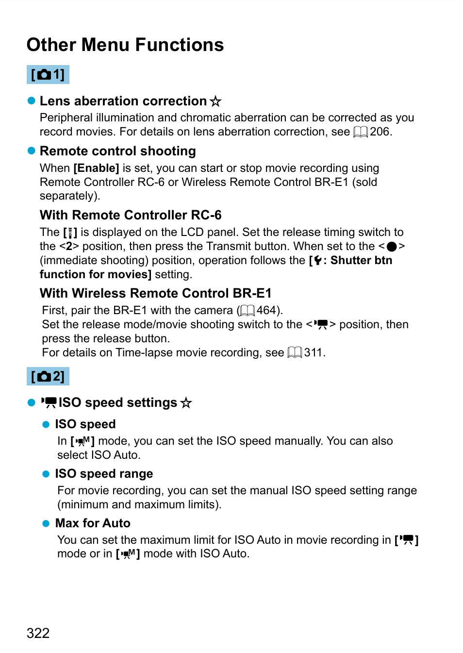 Other menu functions, Iso speed (movie), Rc-6 or br-e1 can also be used for movie recording | Canon EOS 90D DSLR Camera with 18-135mm Lens User Manual | Page 322 / 646