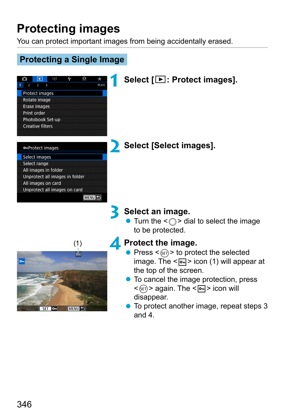 Protecting images | Canon EOS 90D DSLR Camera with 18-135mm Lens User Manual | Page 346 / 646